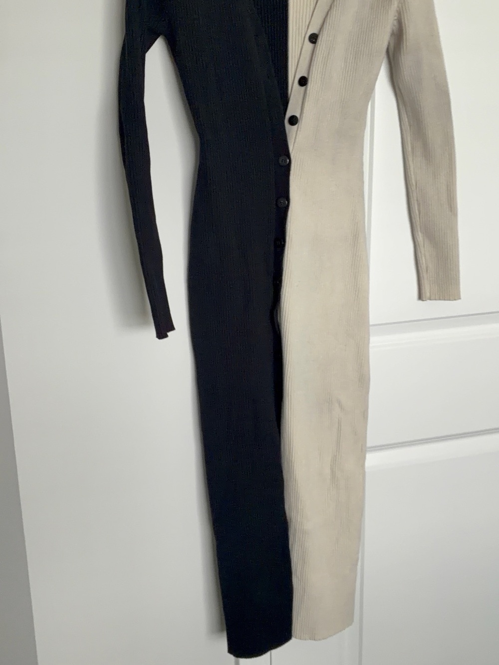 Two-Tone Black and Cream Ribbed Button-Front Long Sleeve Dress